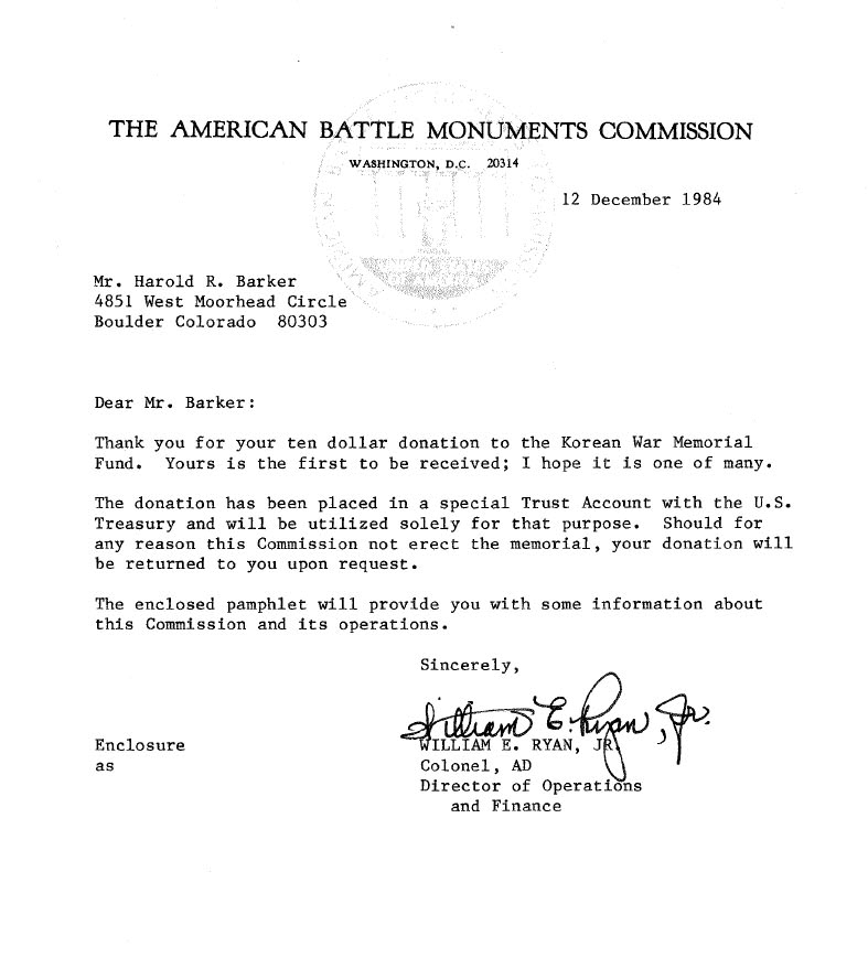 First donation to create the Korean War Veterans Memorial Fund. 