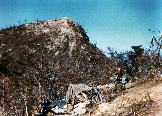 Hill 931, the main peak of Heartbreak Ridge. After battle view from attack positions on the lower ridge to the south.