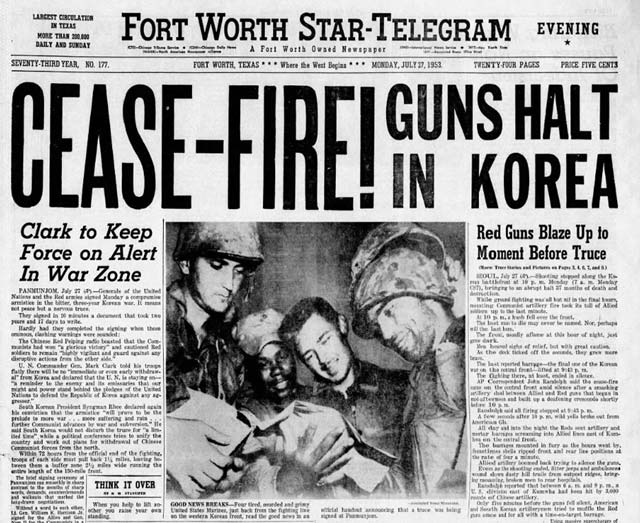 Cease Fire Guns Halt In Korea. Fort Worth Star Telegram, July 27, 1953.
