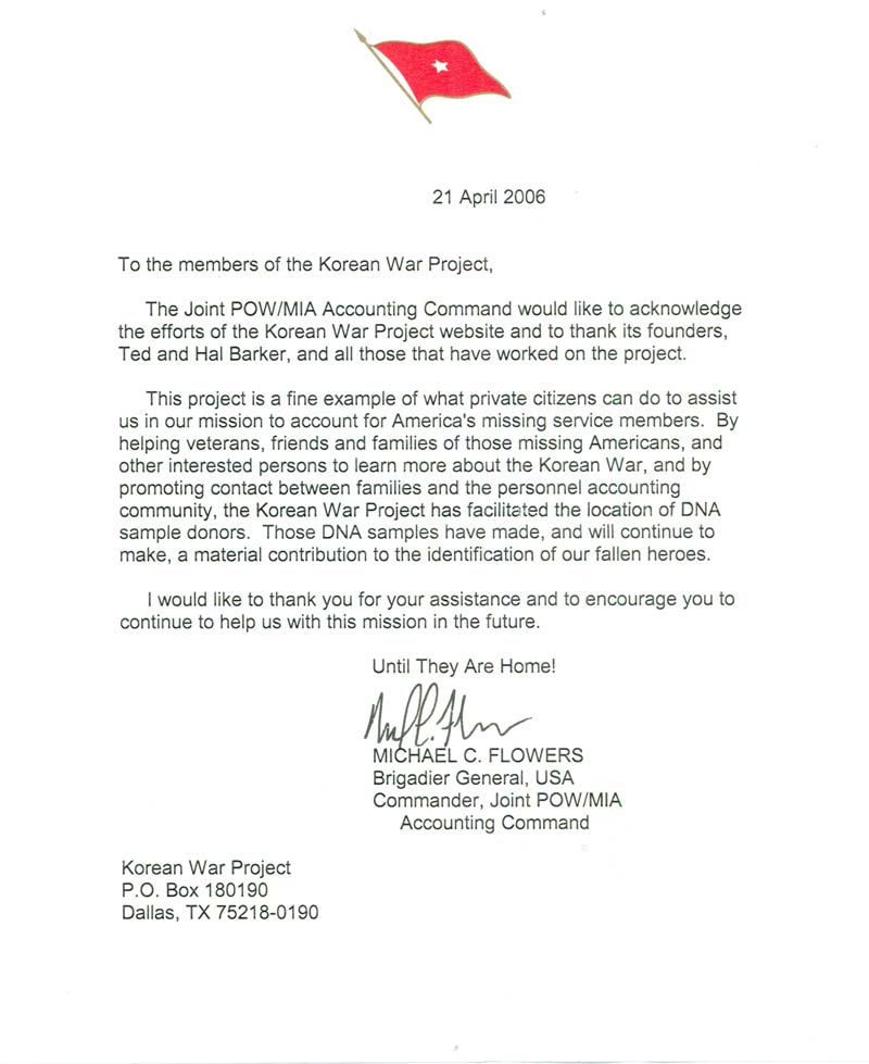Korean War Project Letter of Recognition by Brigadier General Michael C. Flowers - JPAC Hickam AFG