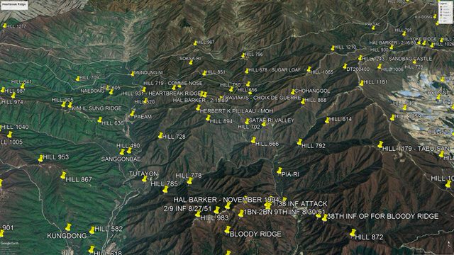 Heartbreak Ridge aerial view north toward Hill 851. Long view.