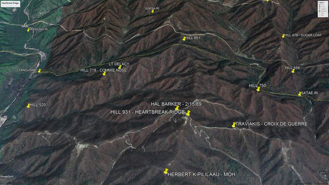 Heartbreak Ridge aerial view north toward Hill 851. Close up.