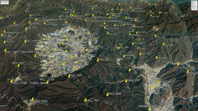 Heartbreak Ridge aerial view north toward Hill 851. Close up.