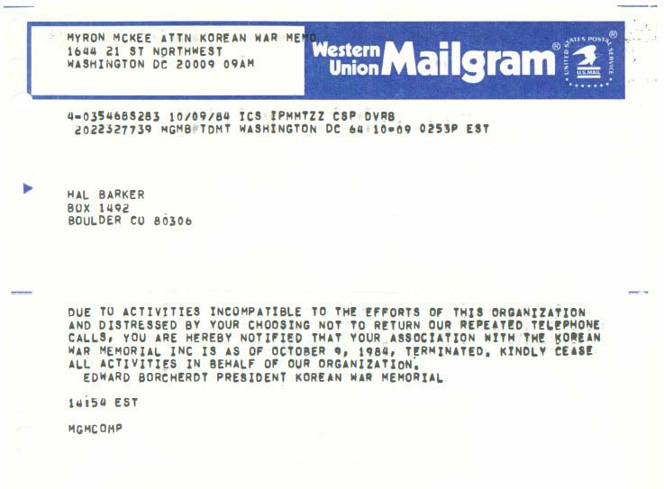 Fired from the Korean War Memorial, October 9, 1984. 