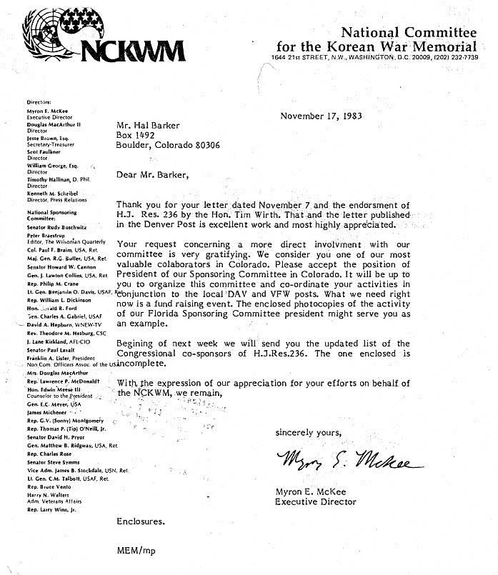 Correspondence - National Committee for the Korean War Memorial, November 17, 1983. 